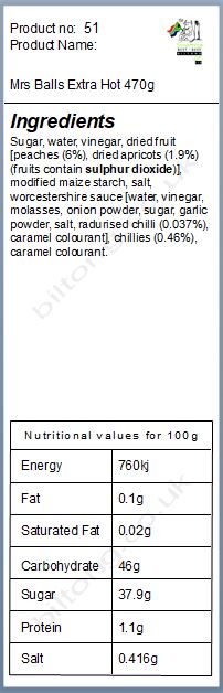 Nutritional information about Mrs Balls Extra Hot 470g