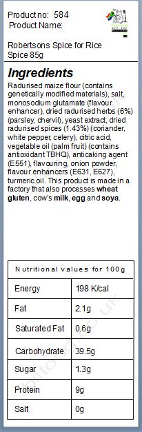 Nutritional information about Robertsons Spice for Rice Spice 85g