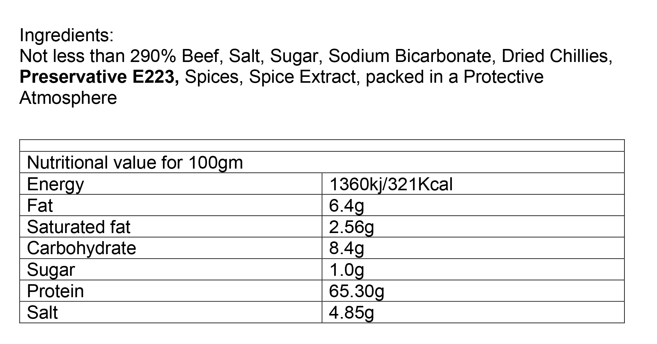 Nutritional information about Chilli Bites Biltong per 500g