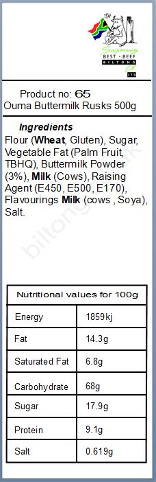 Nutritional information about Buttermilk 500gm Ouma Rusks