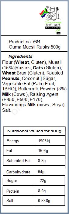 Nutritional information about Muesli 500gm  Ouma Rusks