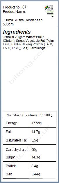 Nutritional information about Condensed 500gm Ouma Rusks