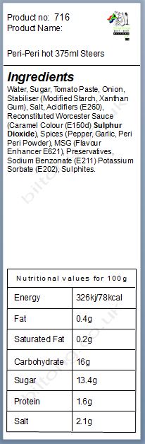 Nutritional information about Peri-Peri hot 375ml Steers