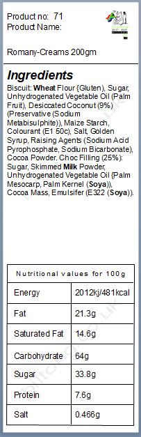 Nutritional information about Romany-Creams 200gm