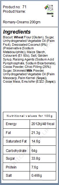Nutritional information about Bakers Romany-Creams 200gm