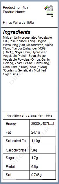 Nutritional information about Flings Willards 150g