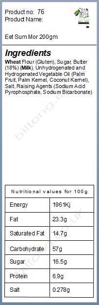 Nutritional information about Bakers Eet Sum Mor 200gm