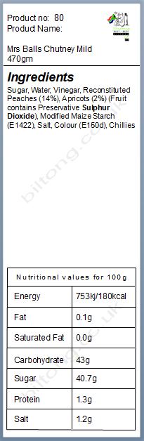 Nutritional information about Mild 470gm  Mrs Balls Chutney