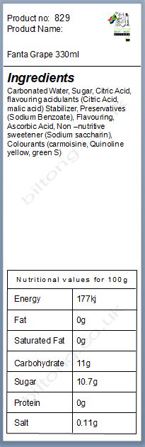 Nutritional information about Fanta Grape 330ml