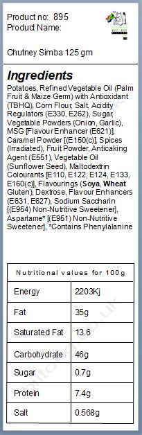 Nutritional information about Simba Chutney Chips120 gm