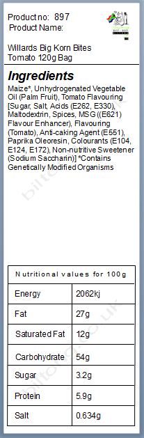 Nutritional information about Willards Big Korn Bites Tomato 120g Bag