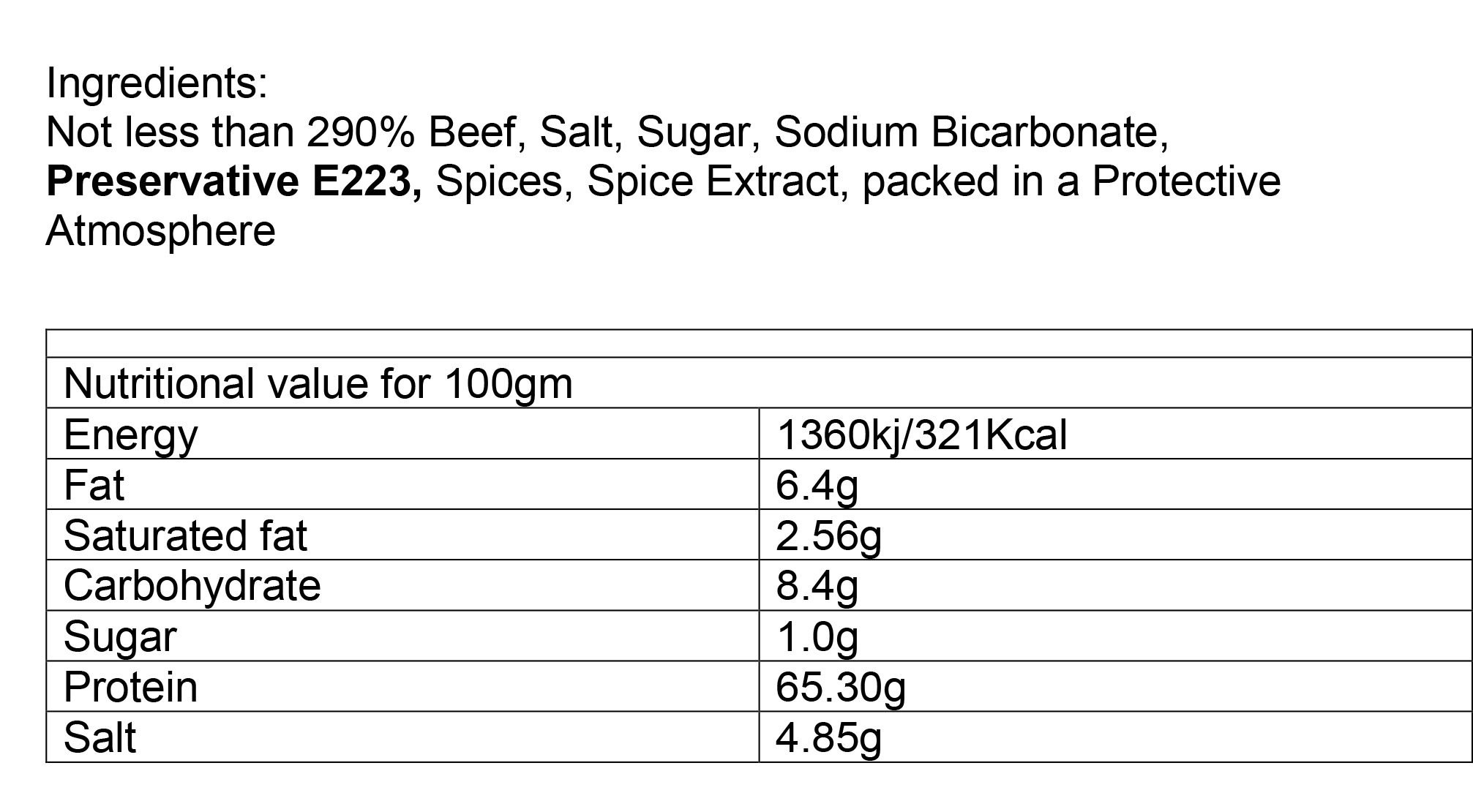 Nutritional information about Stukkies Biltong per 500g