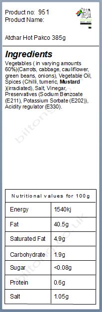 Nutritional information about Pakco Hot Vegetable Atchar 385g