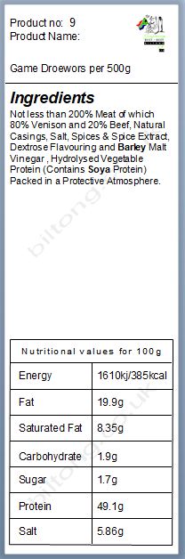 Nutritional information about Game Droewors per 500g