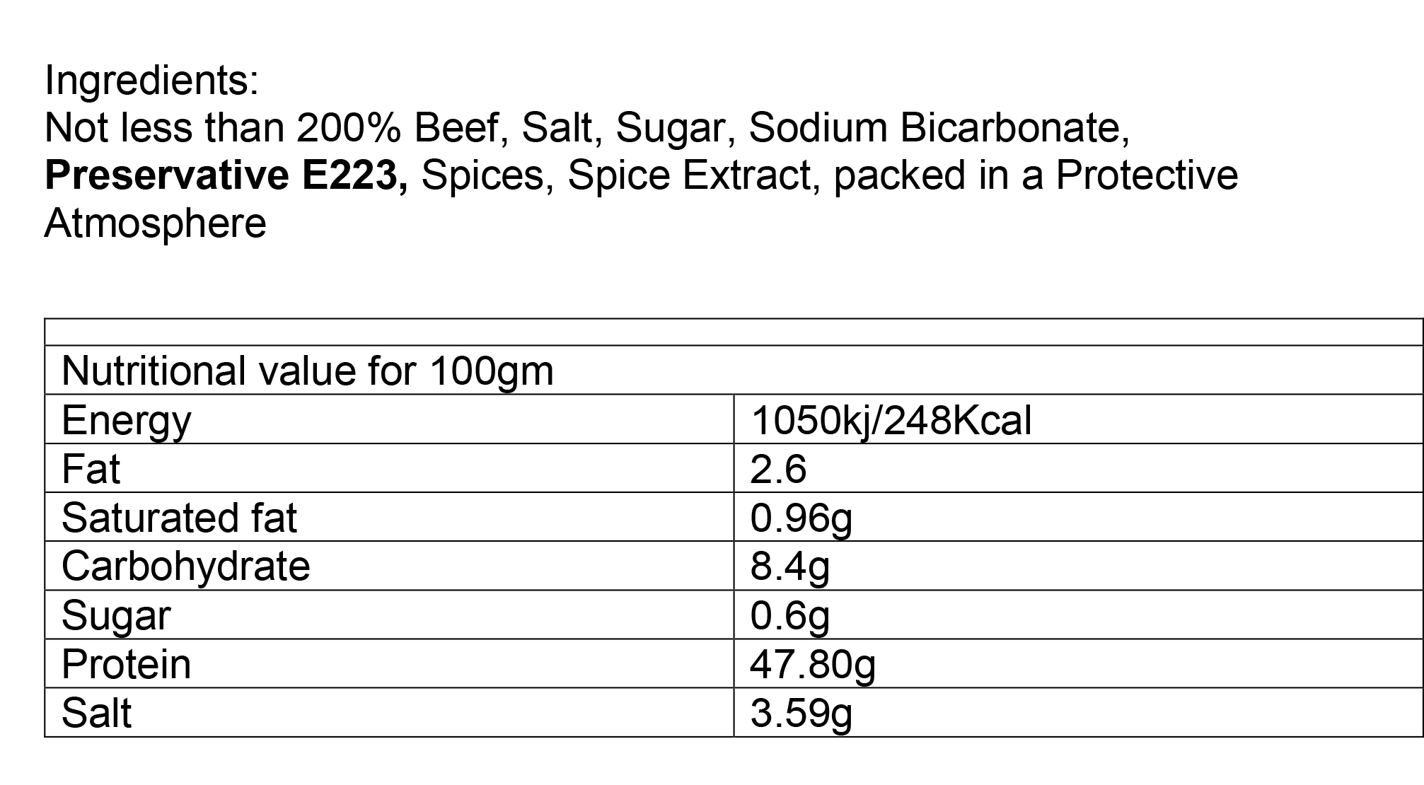 Nutritional information about Beef Biltong Original per 500g