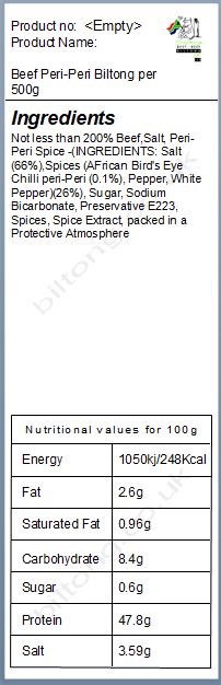 Nutritional information about Beef Peri-Peri Biltong per 500g